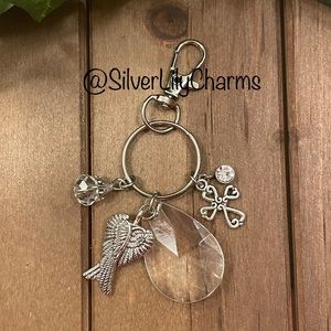 Angel Wings & Cross With Acrylic Tear Drop Purse Charm / Keychain